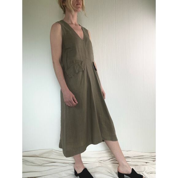 SUGAR CANDY MOUNTAIN Slouched Sleeveless Taupe Green Linen Dress Oversized US XS - Picture 7 of 13